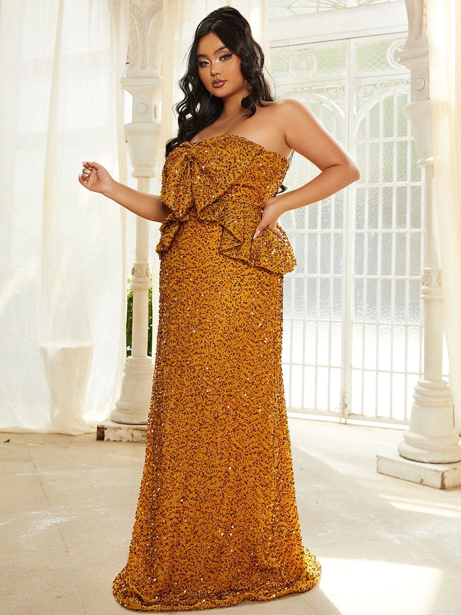 Plus Size Ruffle Bow Sequin Ginger Evening Dress