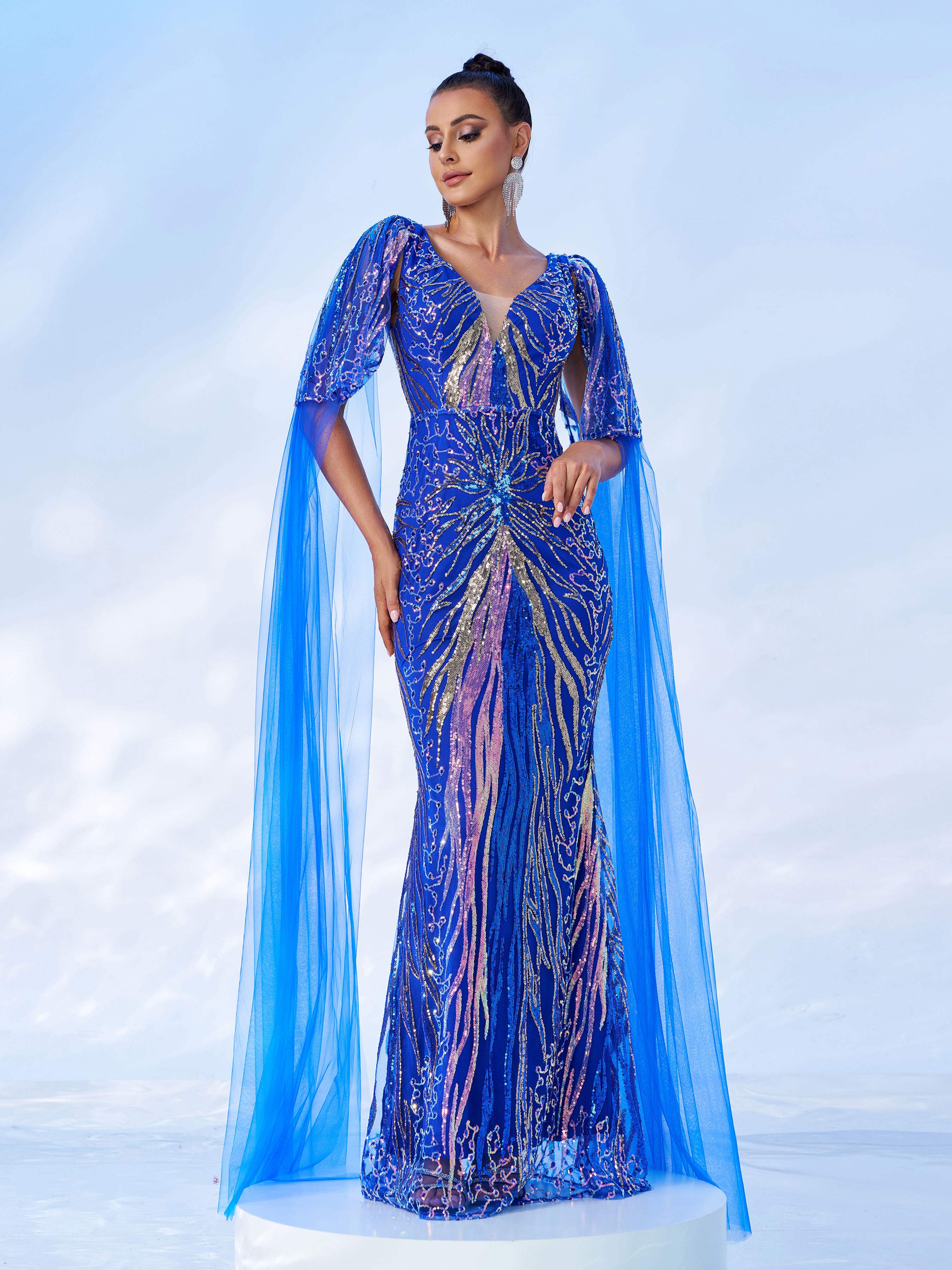 Mesh Sleeve Backless Sequin Mermaid Prom Dress