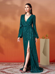 Sexy V-neck Slit Sequin Prom Dress