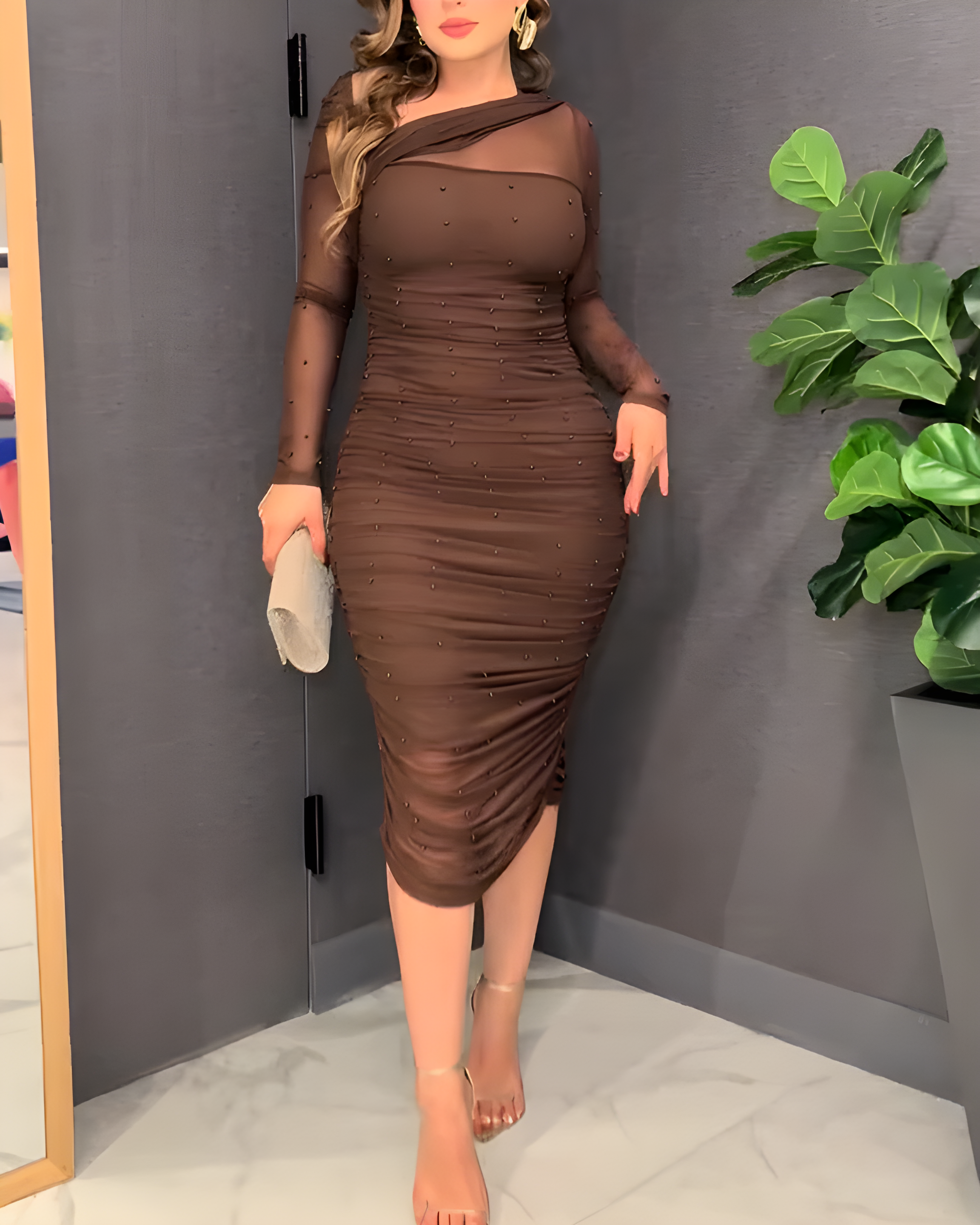 Mesh Long Sleeve Beaded Bodycon Midi Dress