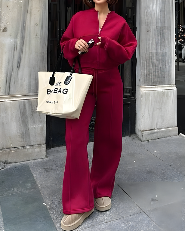 Zipper Cardigan Sweatshirt Straight Pants Set
