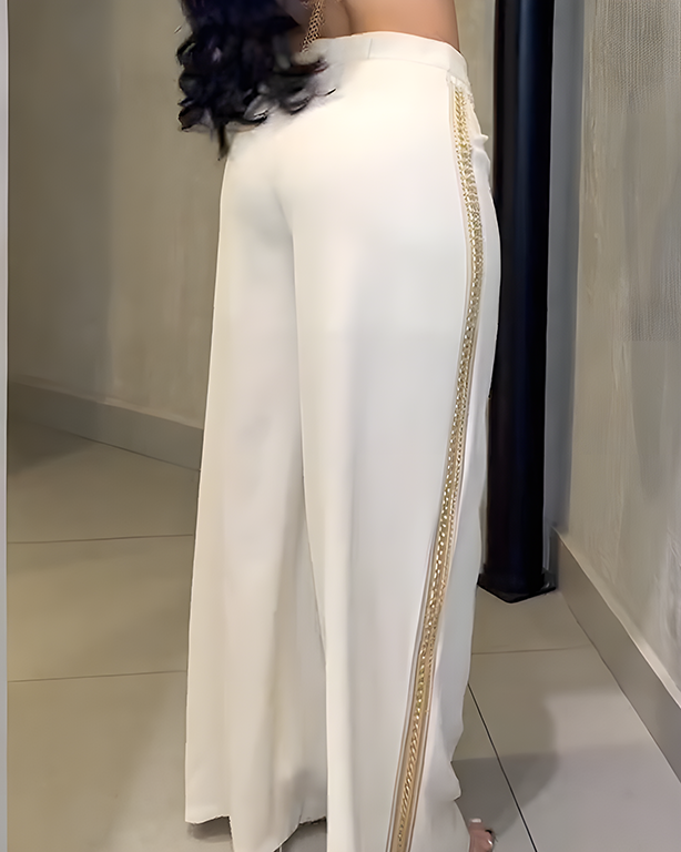 Metal Chain Trim Wide-Leg Casual Pants