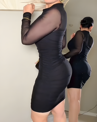 Sheer Mesh Long Sleeve Ruched Bodycon Dress