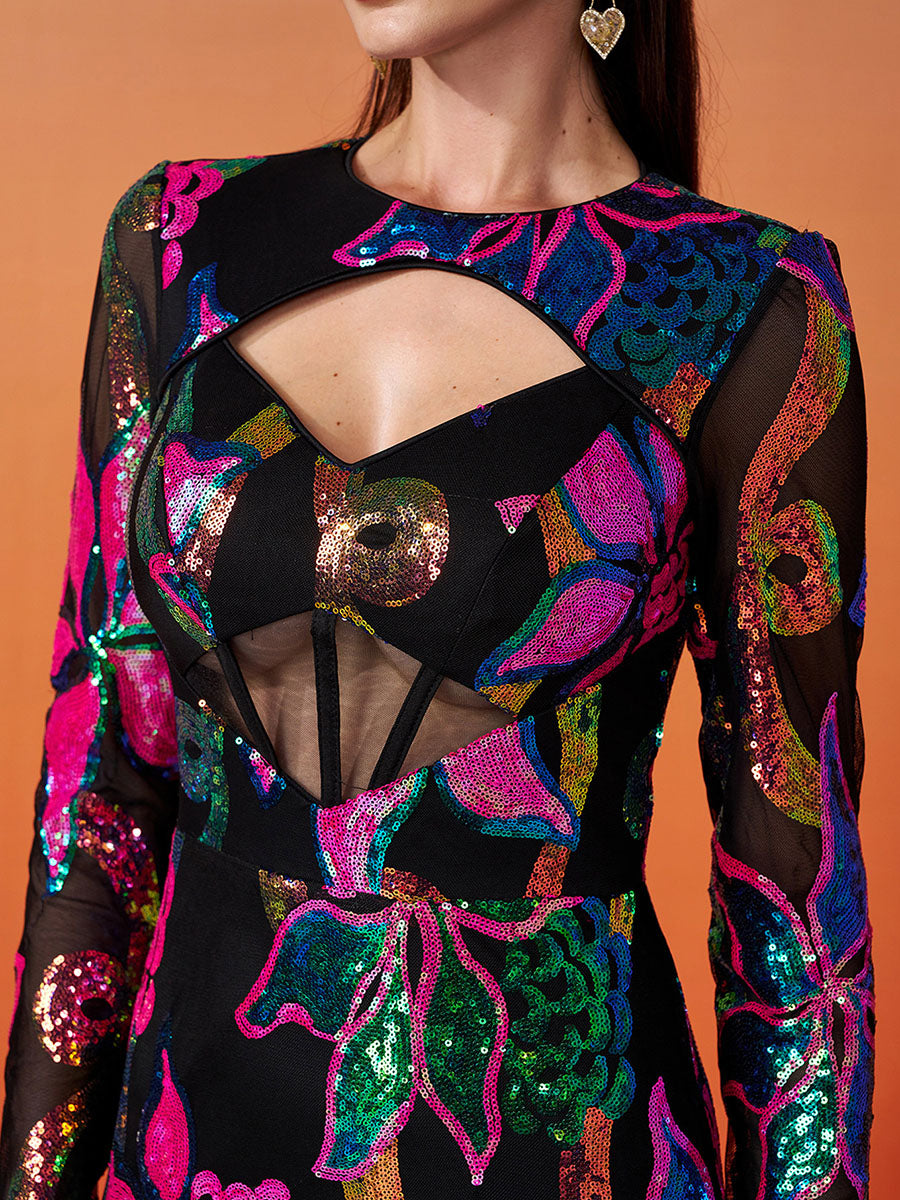 Long Sleeve Corset Cutout Floral Evening Dress
