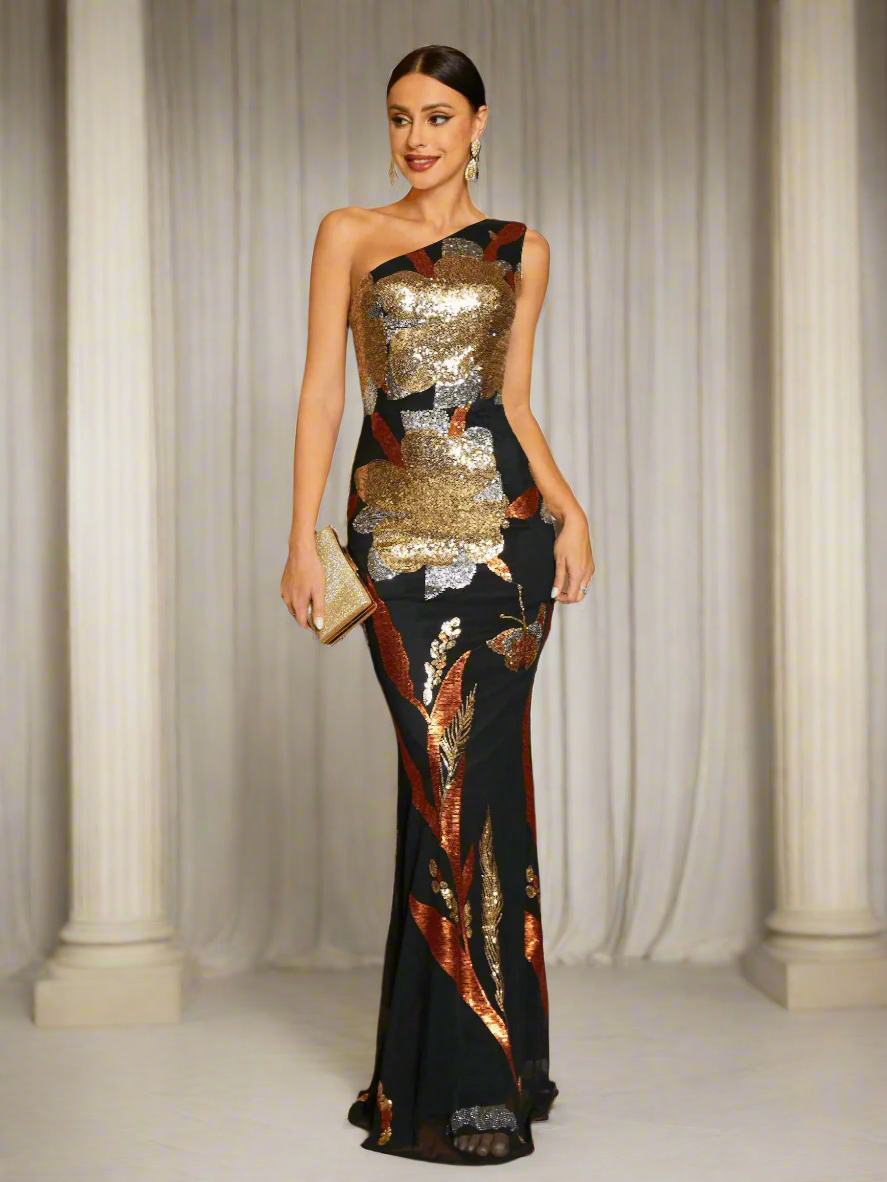 One Shoulder Floral Sequin Prom Dress