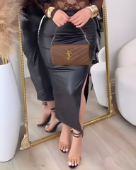 Side-Slit Ruched Leather Slim-Fit Skirt
