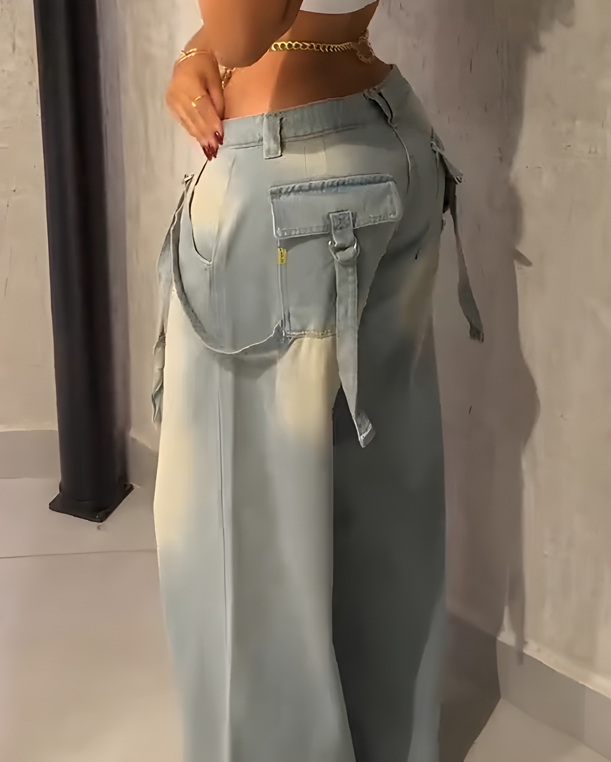 Slim Cargo Style Wide-Leg Denim Jeans