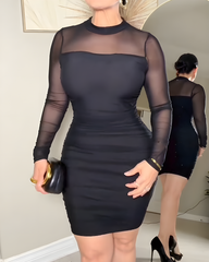 Sheer Mesh Long Sleeve Ruched Bodycon Dress