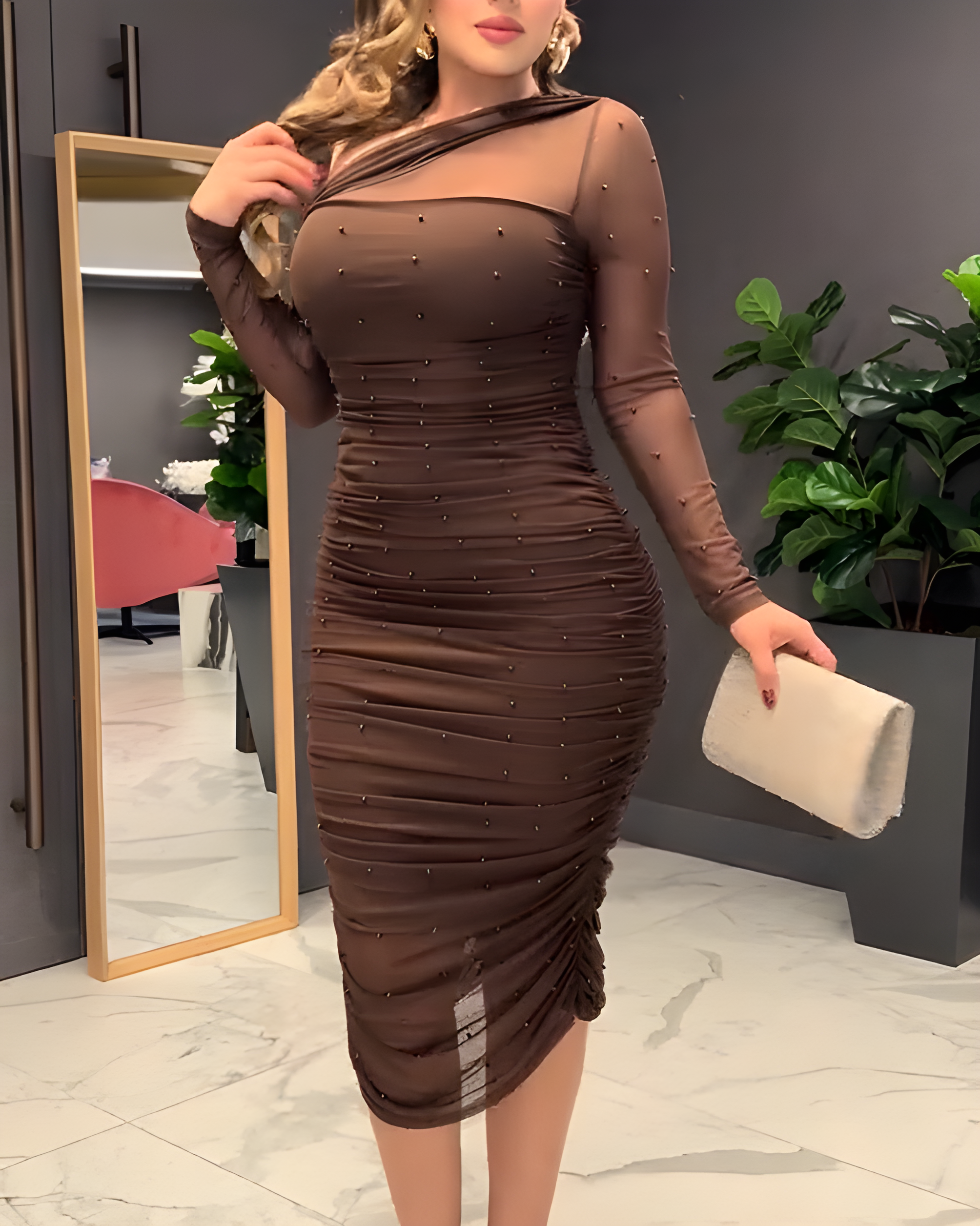 Mesh Long Sleeve Beaded Bodycon Midi Dress