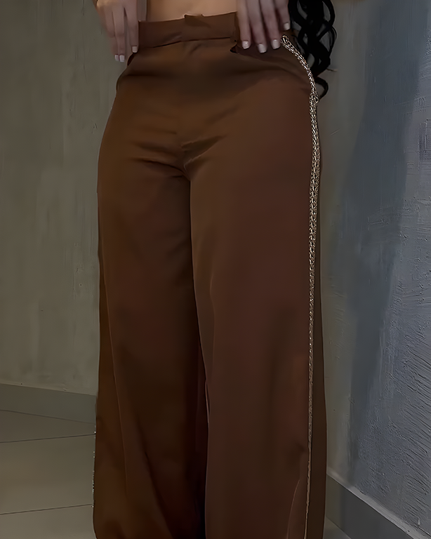 Metal Chain Trim Wide-Leg Casual Pants