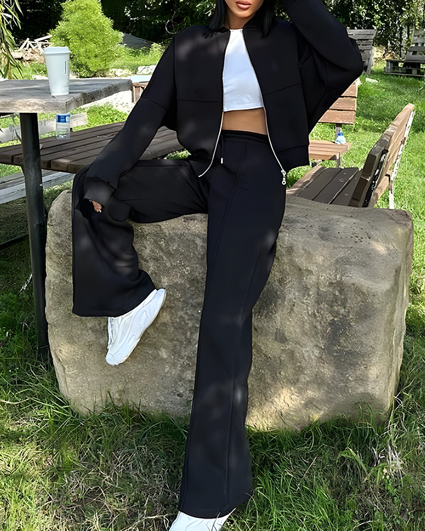 Zipper Cardigan Sweatshirt Straight Pants Set