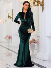 Long Sleeve Velvet Green Evening Dress