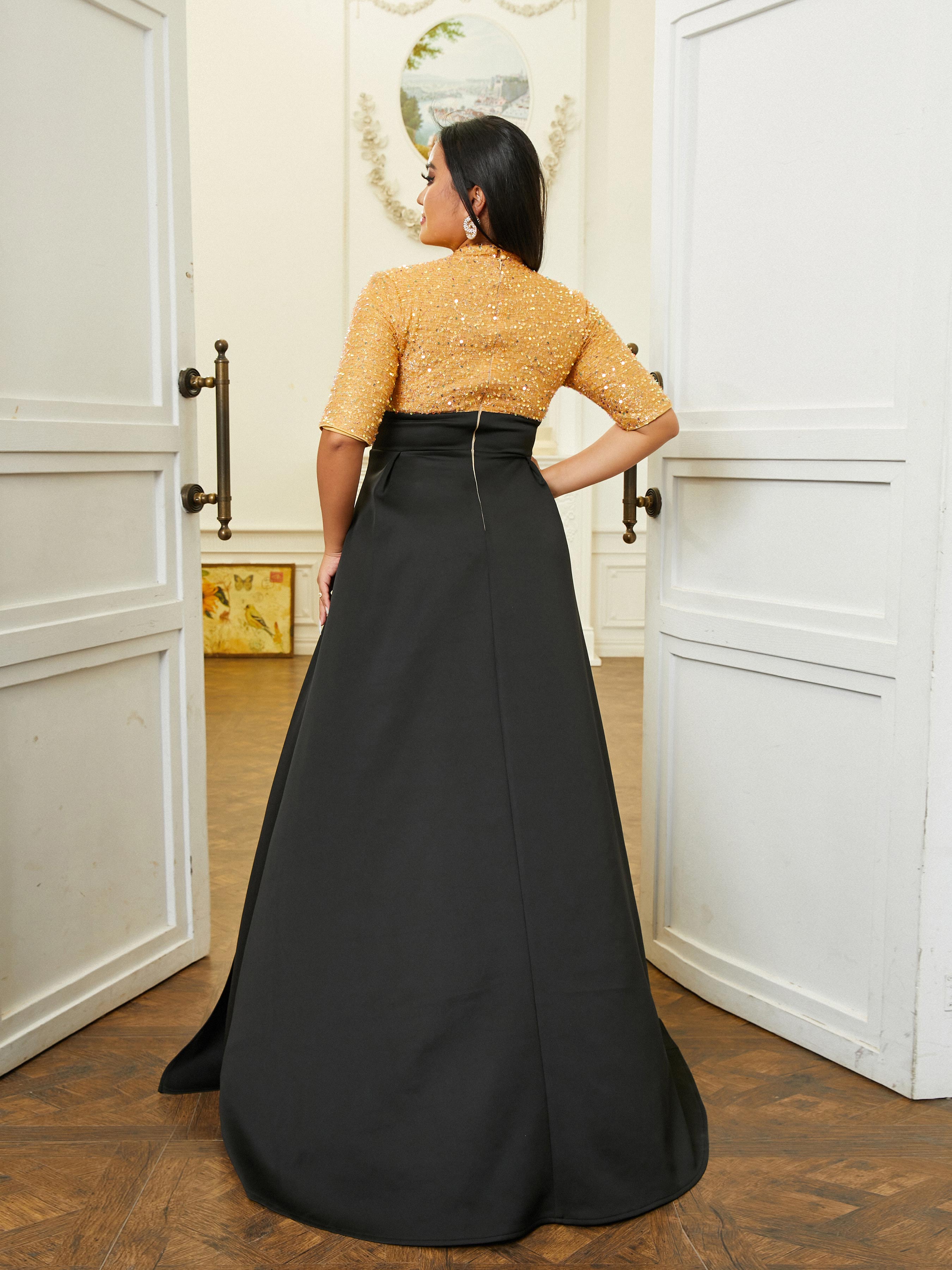 Stand Collar Panel A-Line Pleated Split Prom Dress