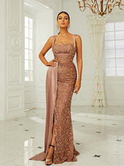 Ribbon Corset Sequin Maxi Prom Dress