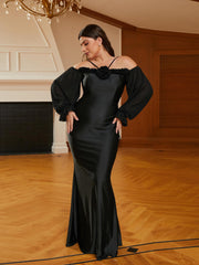 Plus Size Halter Appliqued Panel Black Prom Dress
