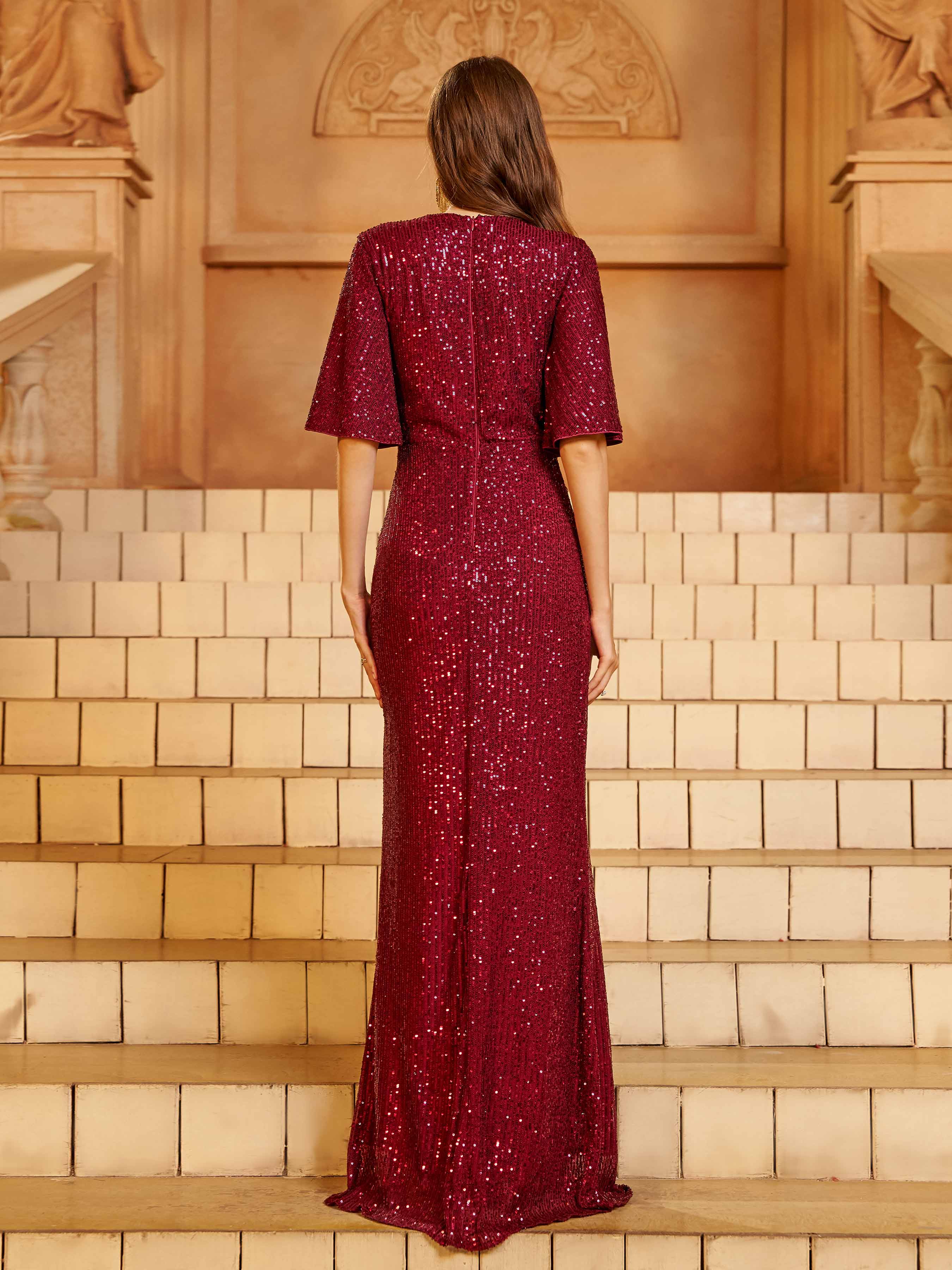 Short Sleeve Sequin Embroidered Prom Dress