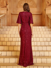 Short Sleeve Sequin Embroidered Prom Dress