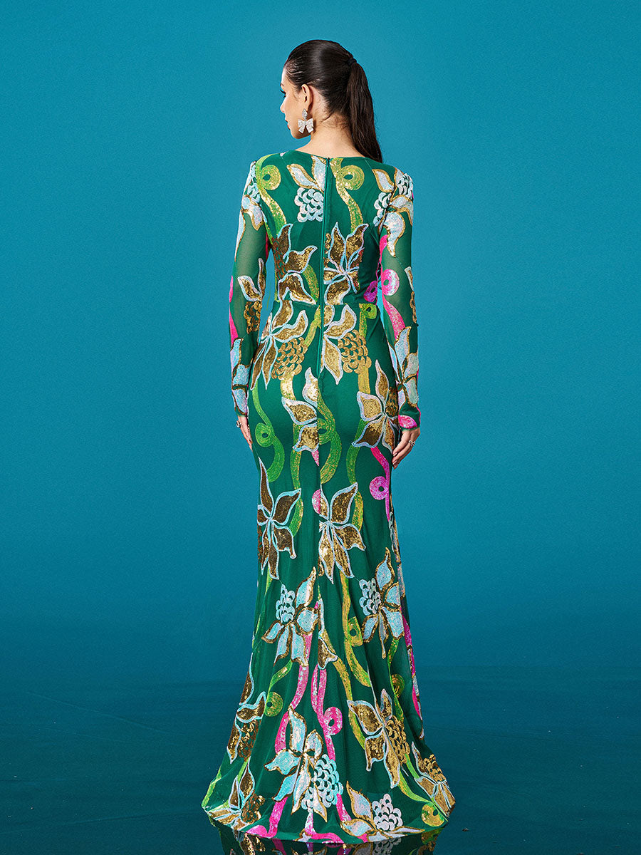 Long Sleeve Corset Cutout Floral Evening Dress