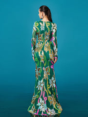 Long Sleeve Corset Cutout Floral Evening Dress