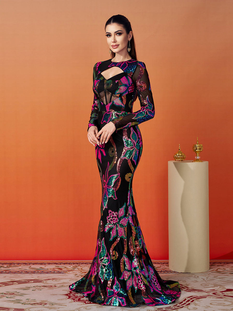 Long Sleeve Corset Cutout Floral Evening Dress