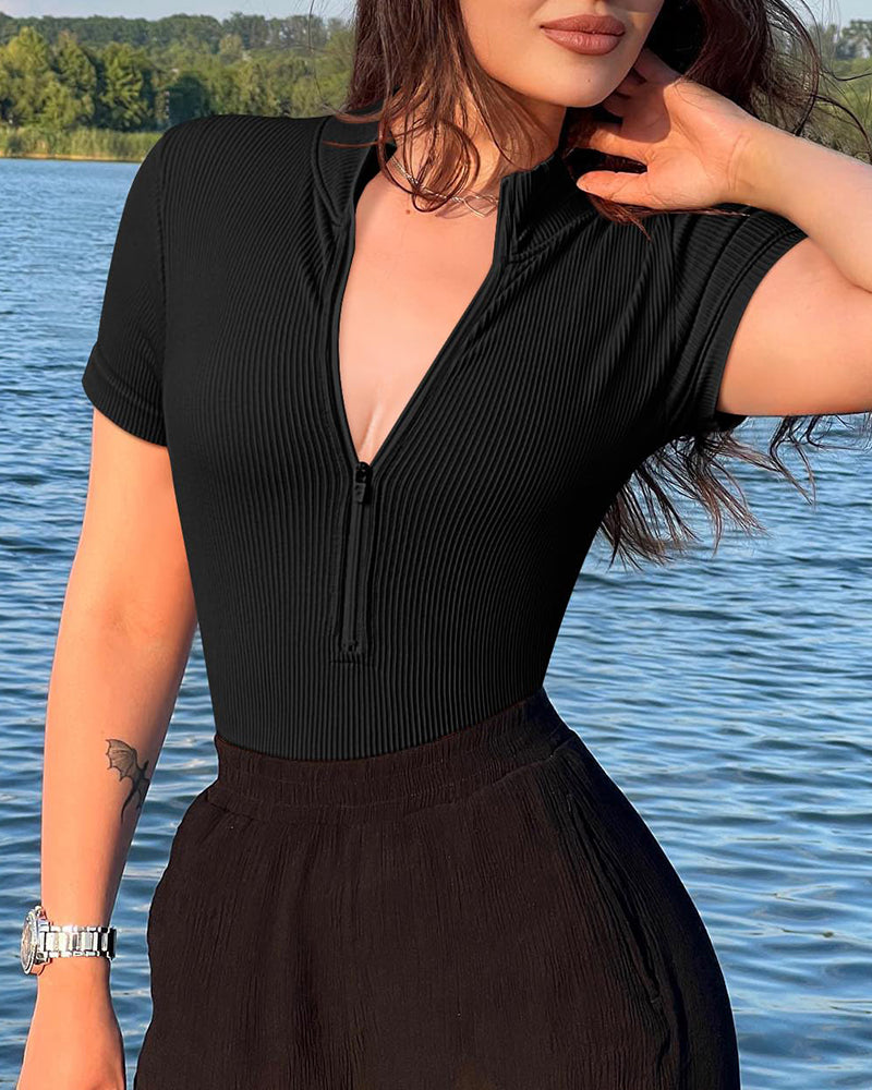 One-piece Short-sleeved Front-zip Briefs Jumpsuit