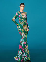 Long Sleeve Corset Cutout Floral Evening Dress