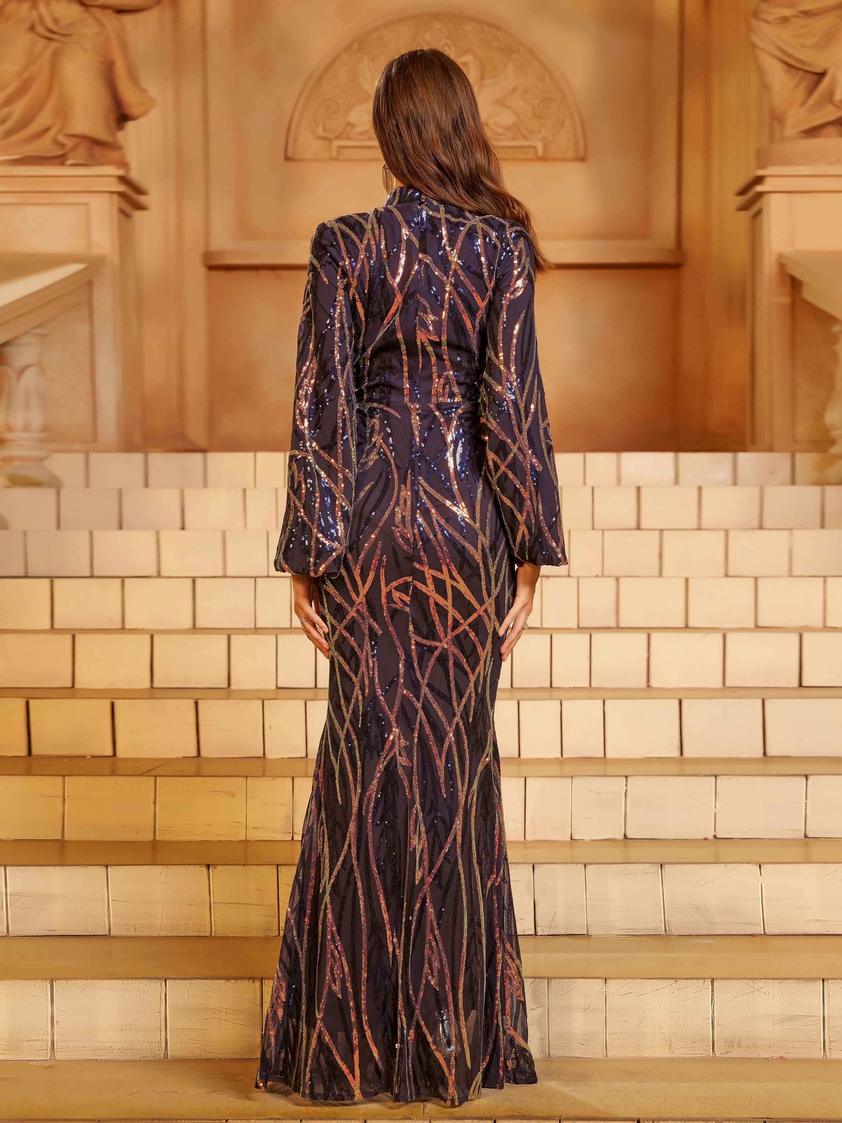 Long Sleeve Blue Maxi Sequin Formal Dress