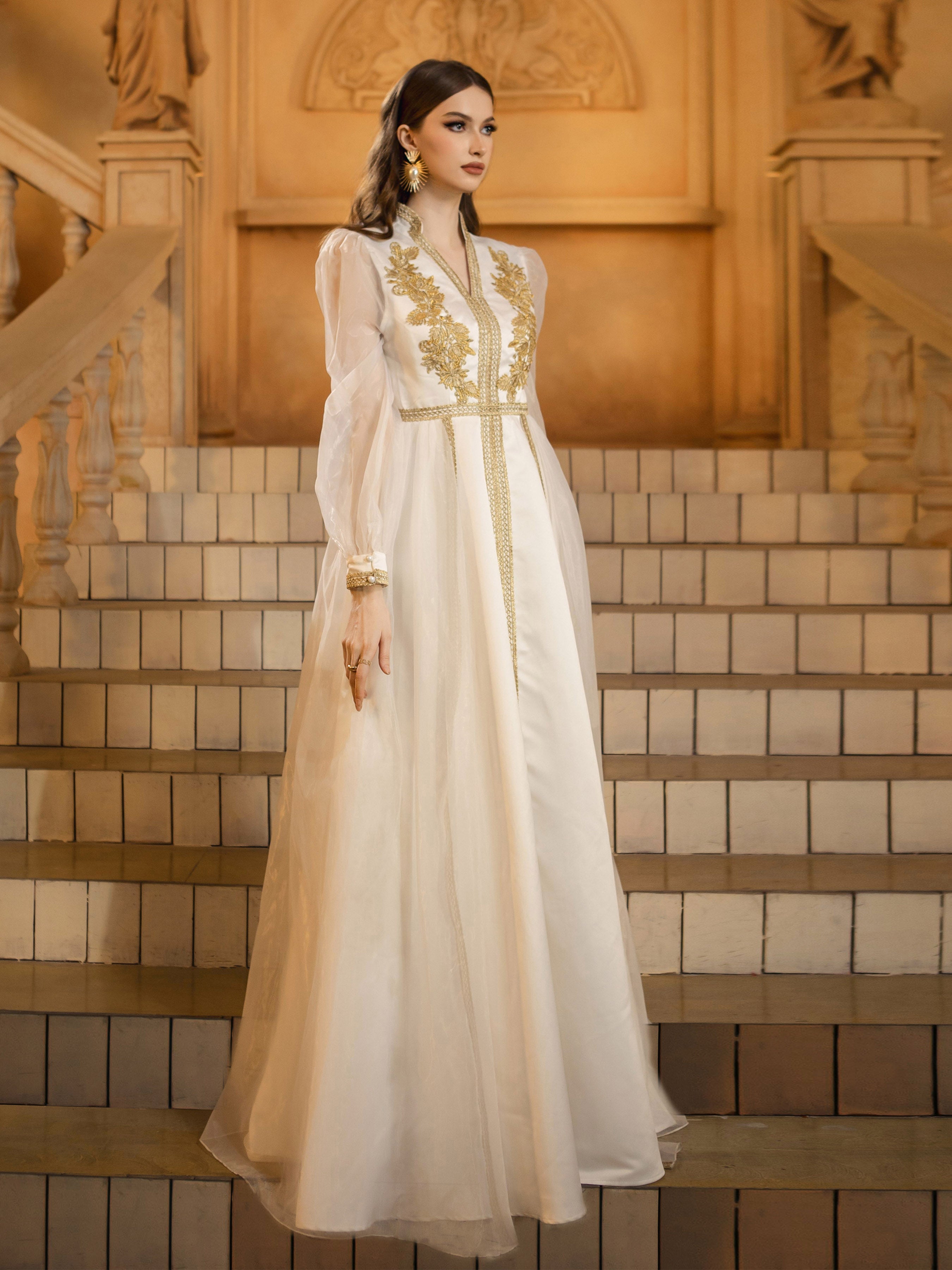 White A-line Tribal Embroidered Prom Dress