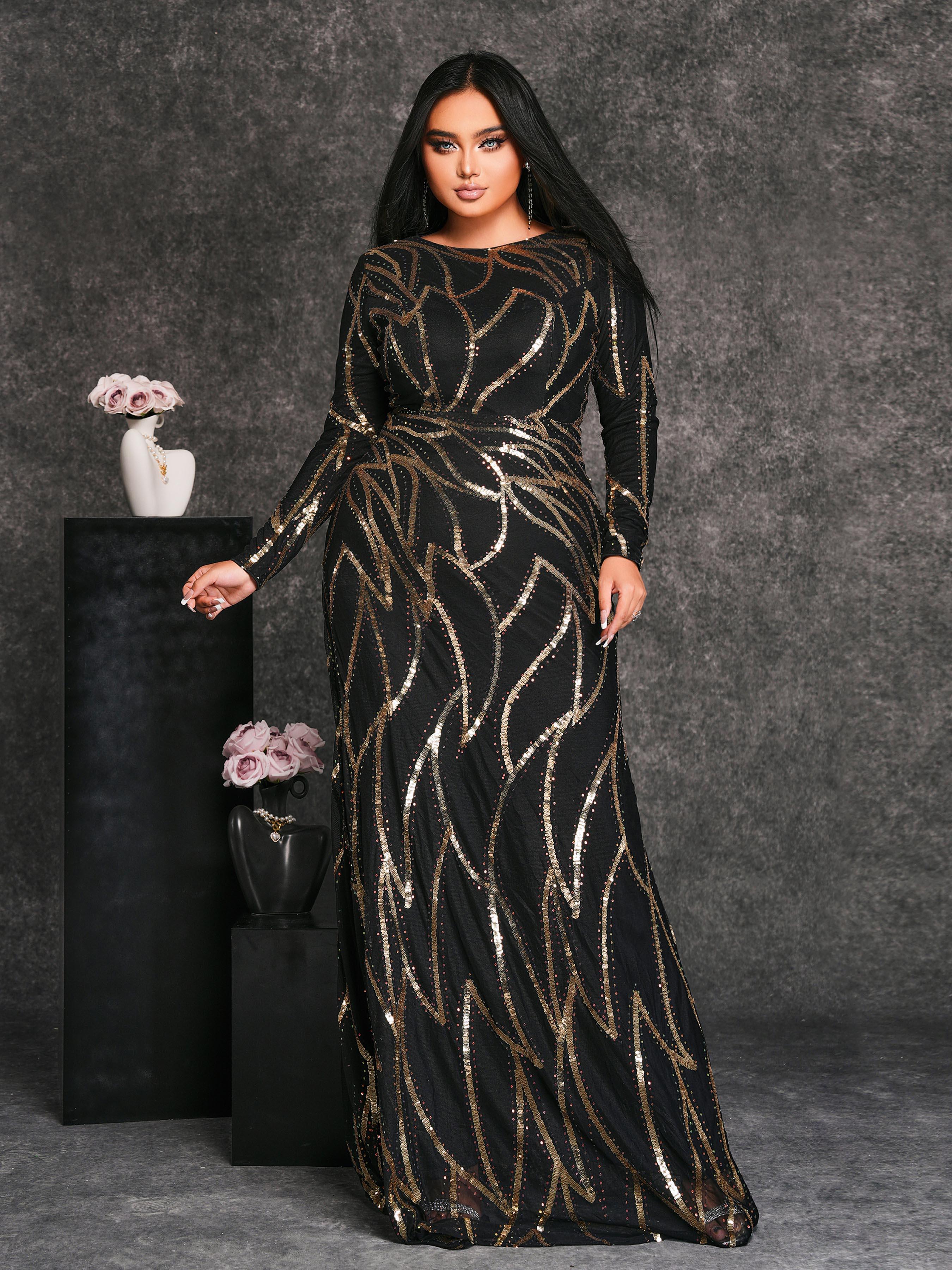 Plus Long Sleeve Sequin A-line Dress