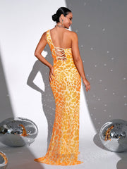 One Shoulder Lace Up High Split Prom Dress