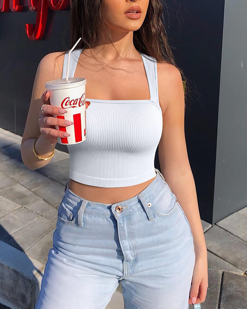 Ribbed Strappy Neckline Tank Tops