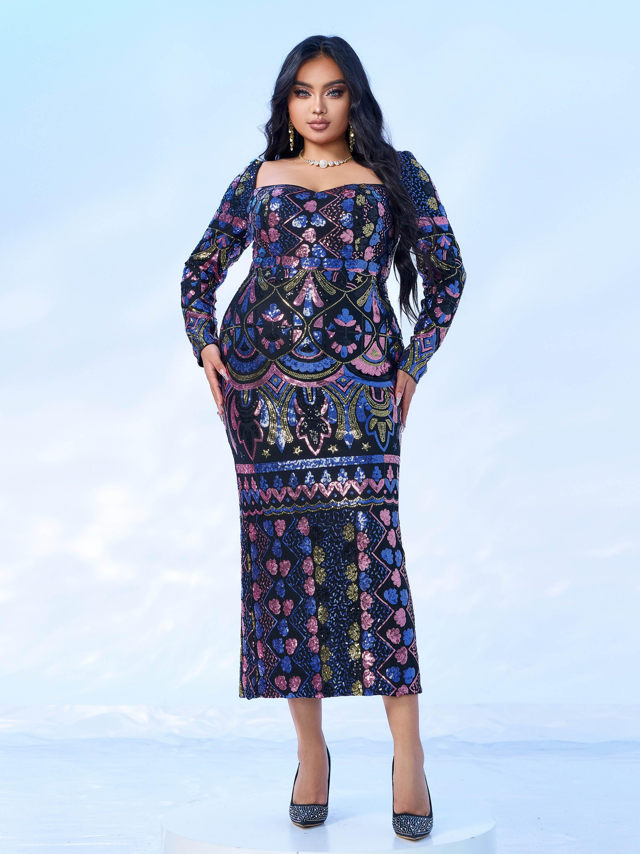 Plus Square Neck Sequin Split Midi Dress