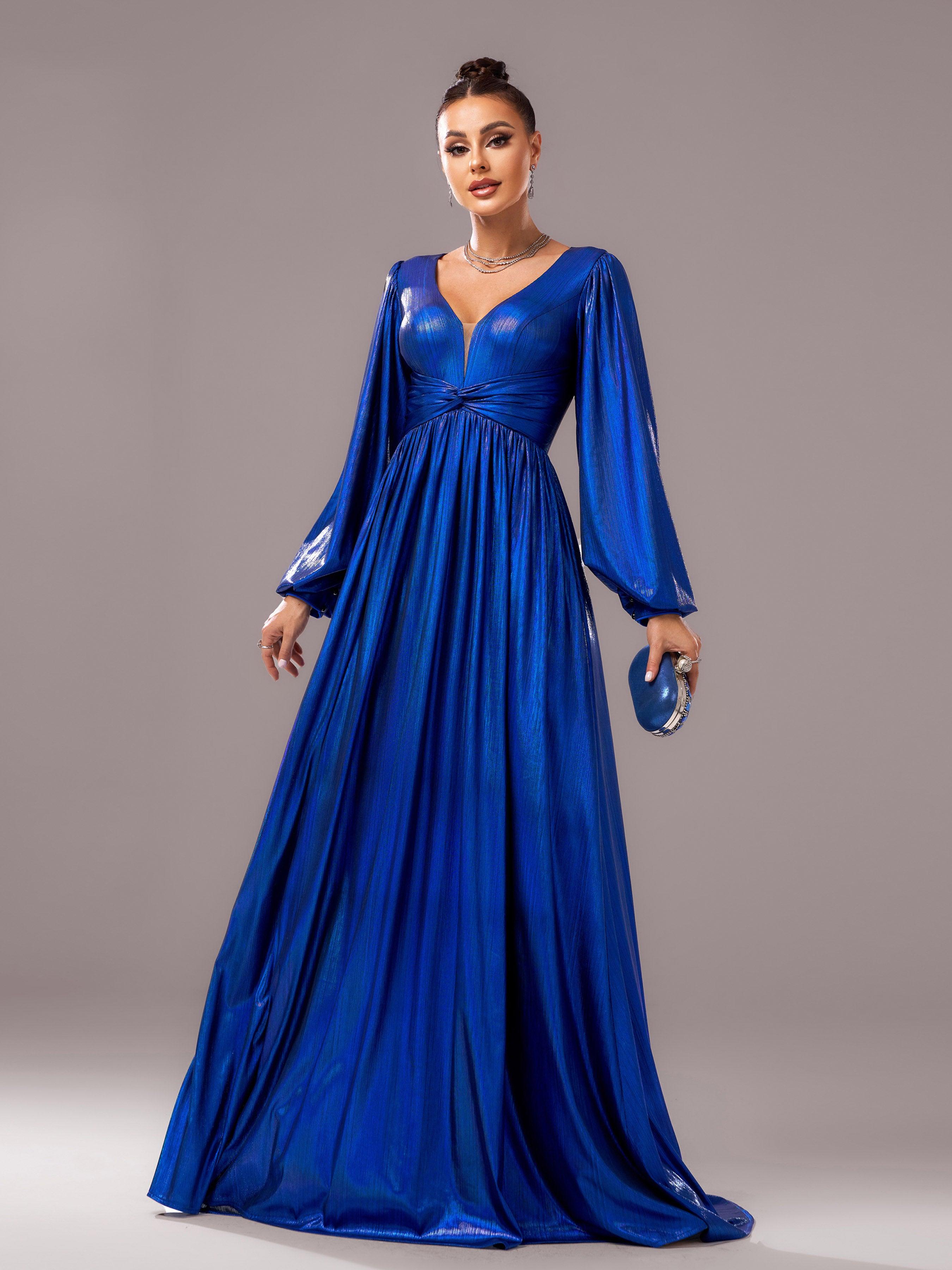 Blue V-neck Long Sleeve A-line Prom Dress
