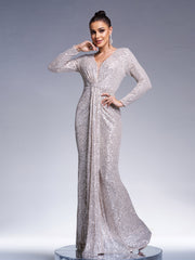 Long Sleeve Backless Sequin Dress