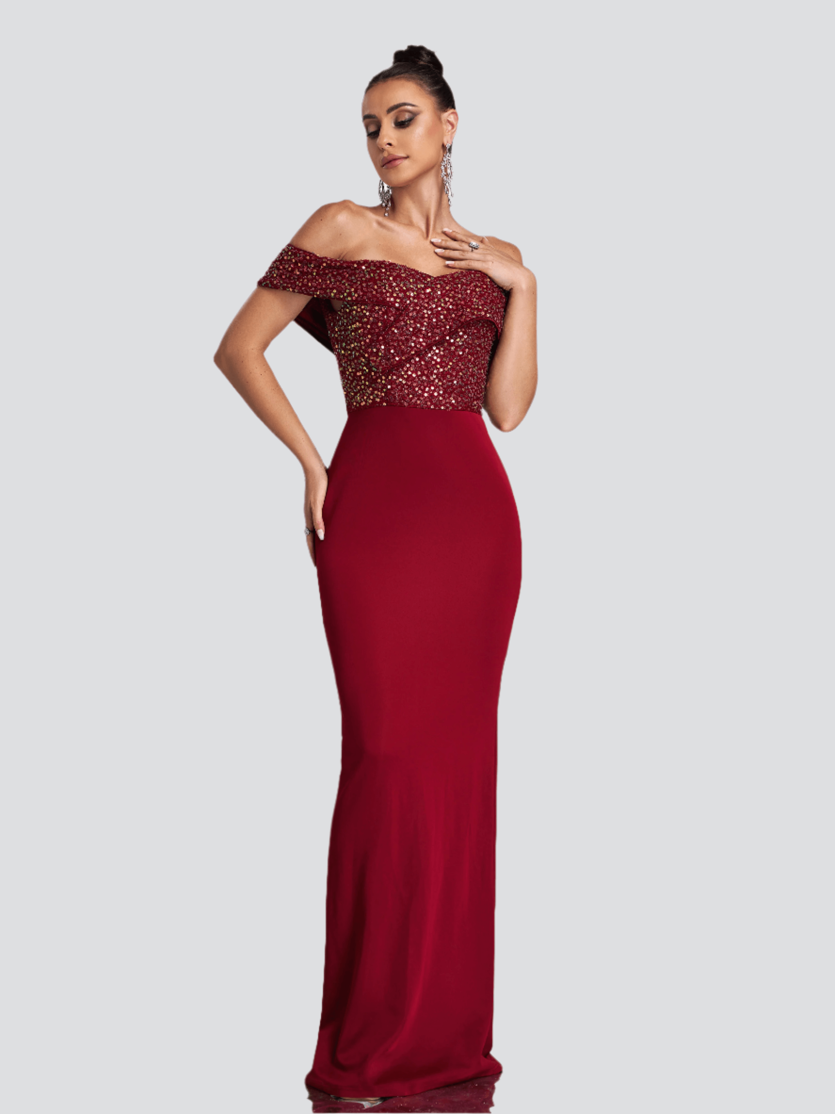 Off Shoulder Sequins Panel Black Evening Dress