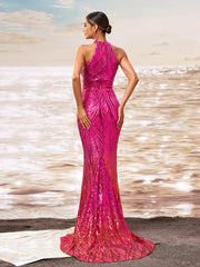 Pink Mermaid Sequin Floor Length Deep V Dress