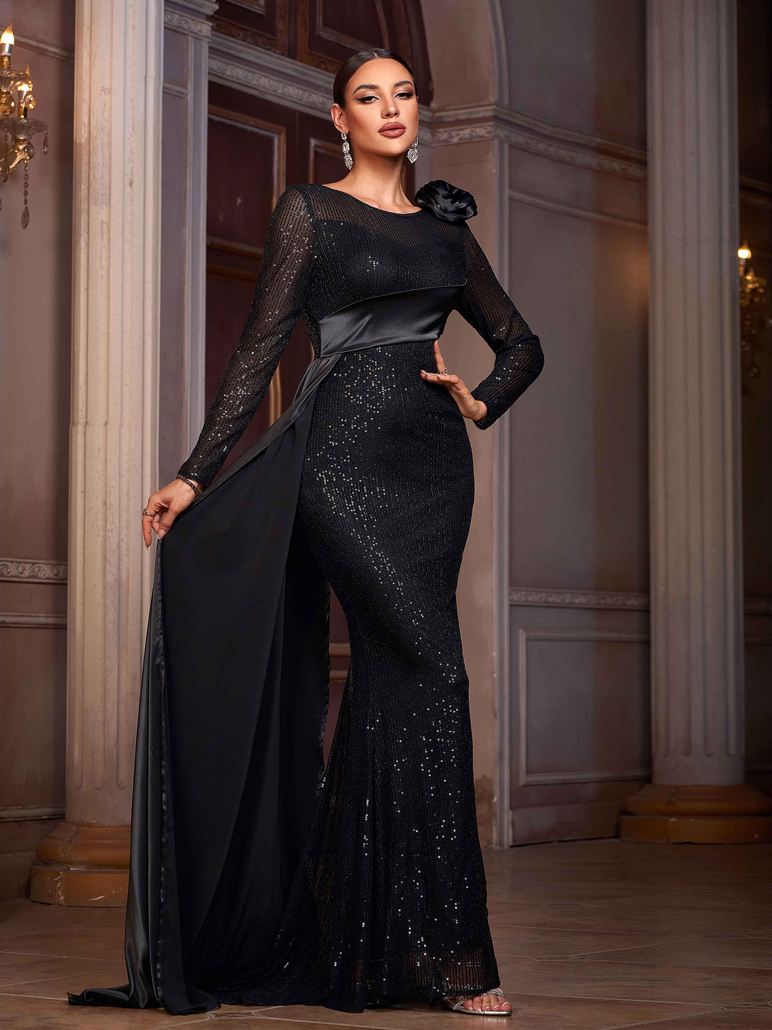 Black Floral Long Sleeve Draped Prom Dress