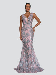 V-neck Floral Sequin Mermaid Dress
