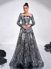Black Panel A-line Sequin Evening Dress