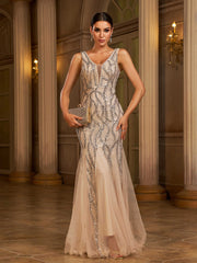 Apricot Sequin Mesh Sleeveless Prom Dress