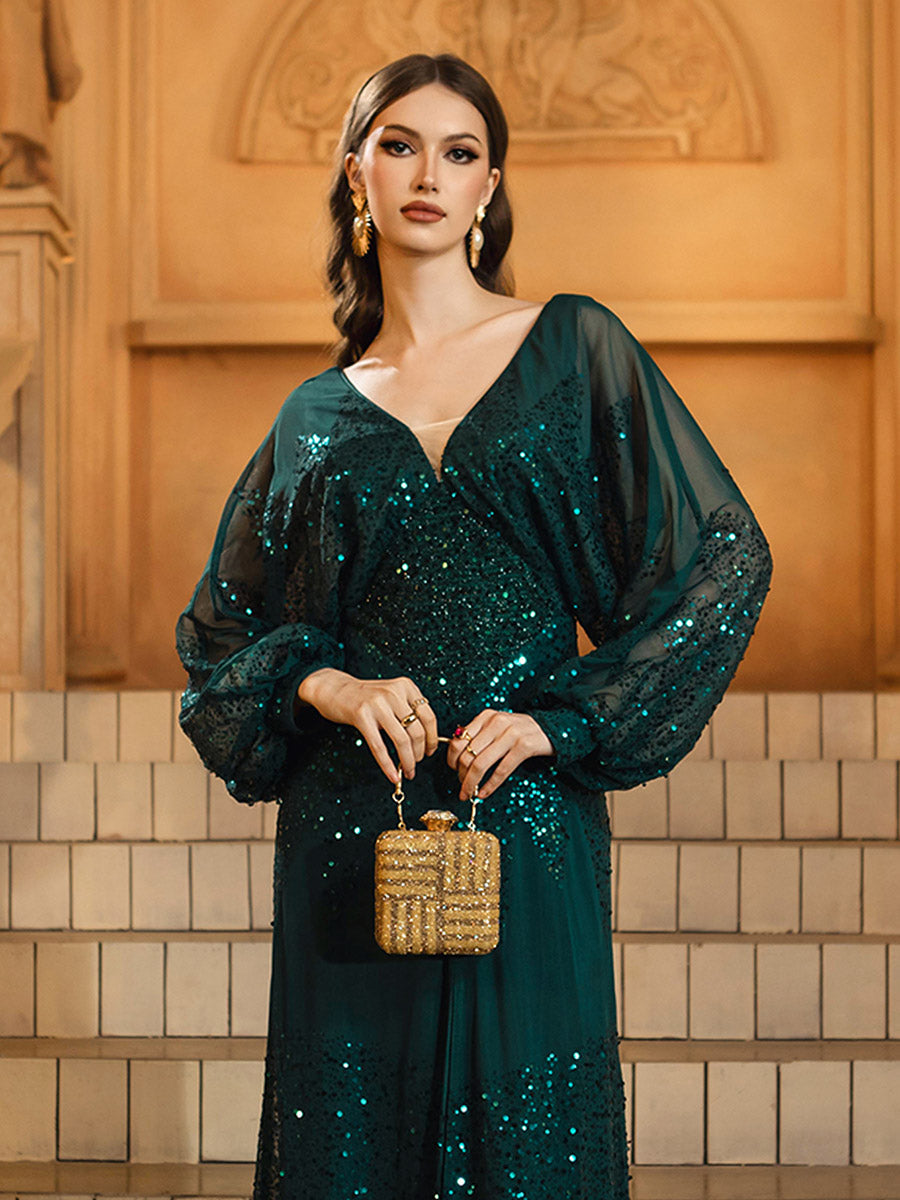 Lantern Sleeve V-Neck High Split Black Prom Dress