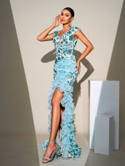 Sleeveless Ruffled Split Floral Sequin Dress