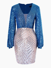 Deep V-Neck Sequin Blue Mini Dress
