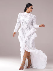Plus Stand Collar Ruffled Irregular Hem Dress
