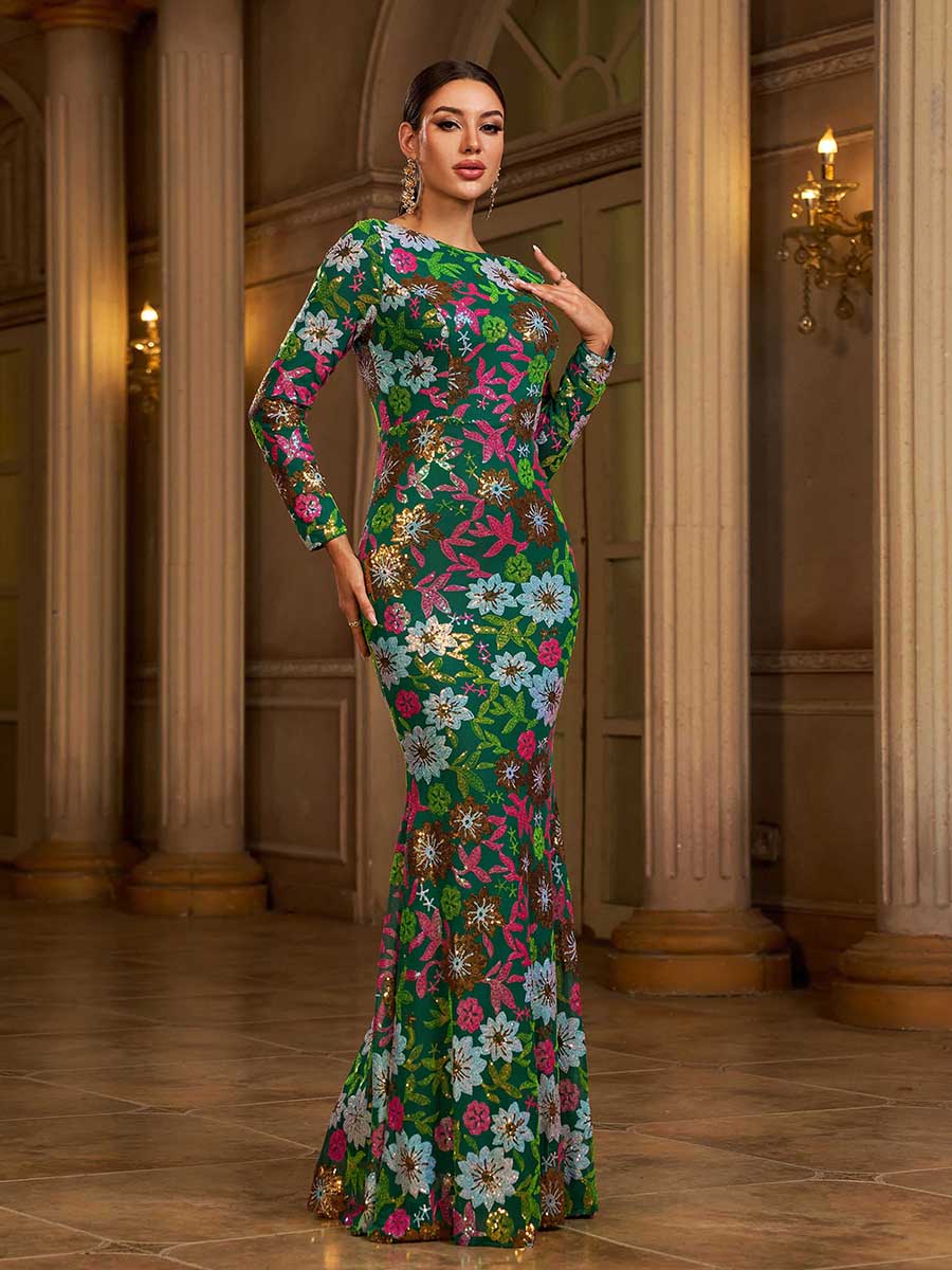 Green Floral Sequin Long Sleeve Prom Dress