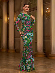Green Floral Sequin Long Sleeve Prom Dress