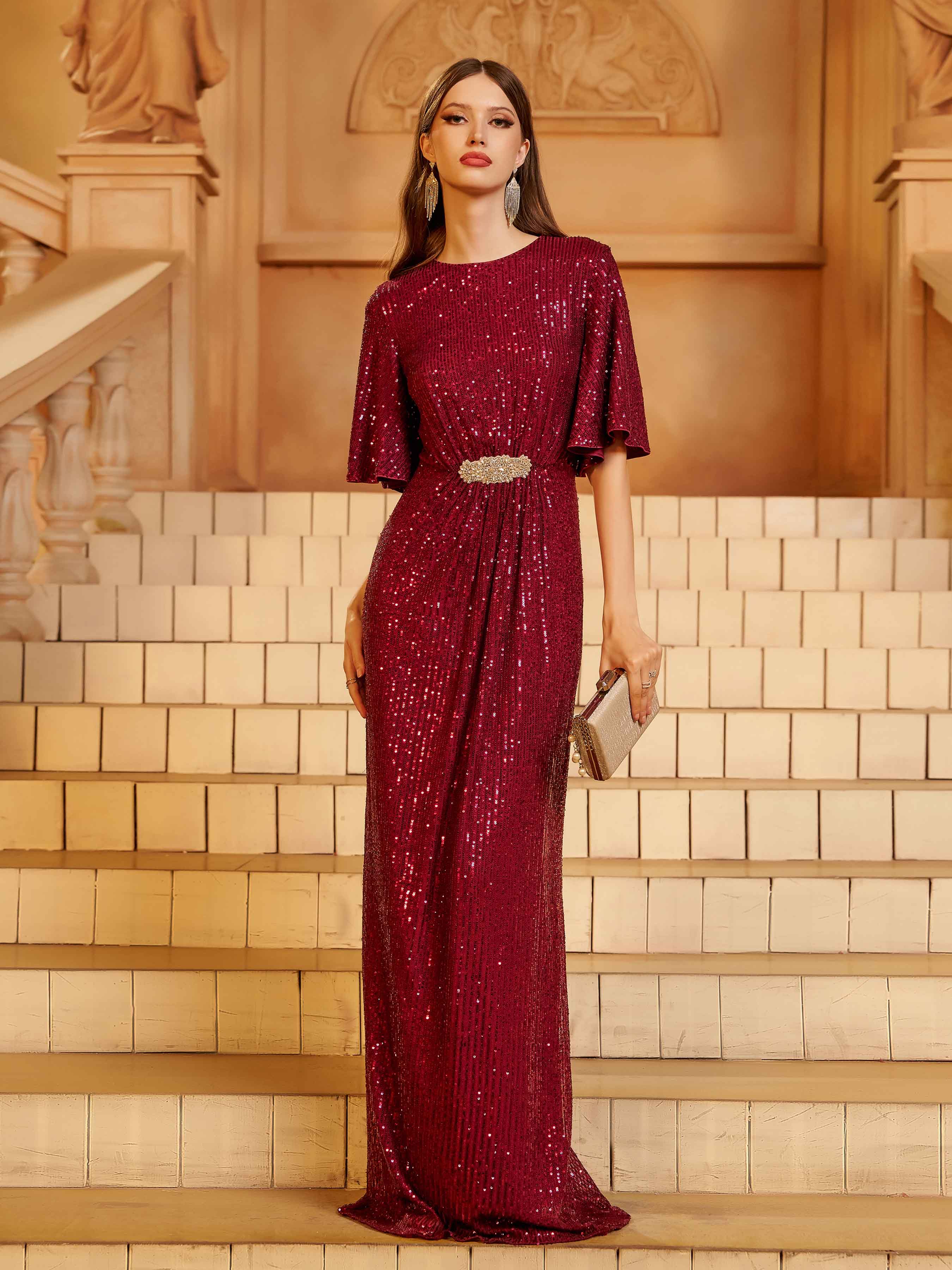 Short Sleeve Sequin Embroidered Prom Dress