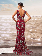 Floral V-neck Sequin Mermaid Prom Dress