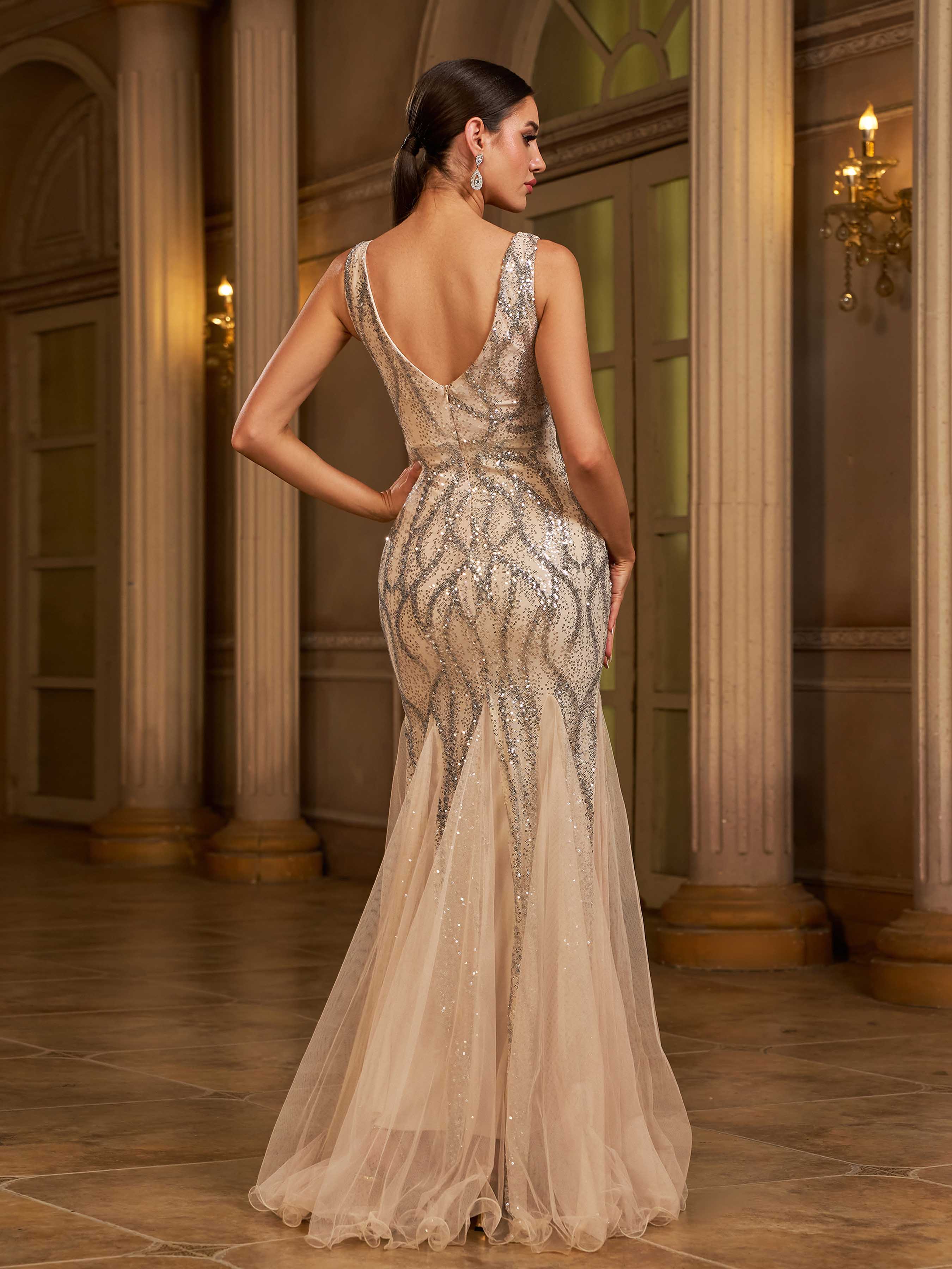Apricot Sequin Mesh Sleeveless Prom Dress