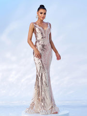 V-neck Sleeveless Mermaid Sequin Formal Dress